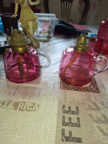Two Old Cranberry Thumb Oil Lamps for sale, Postage Available,