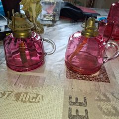 Two Old Cranberry Thumb Oil Lamps for sale, Postage Available,