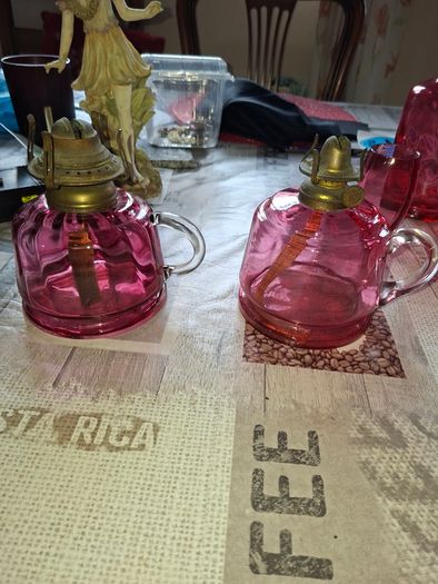 Two Old Cranberry Thumb Oil Lamps for sale, Postage Available,