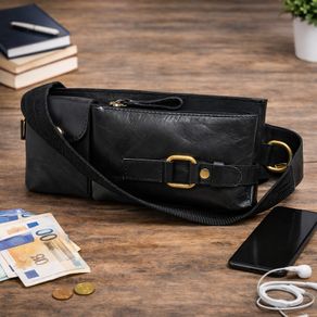 Black Genuine Leather Crossbody Waist Bag for Men & Women Handmade Leather Belt Bag