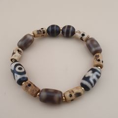 Vintage 2 Eyes Himalayan Tibetan Agate & Unique Pattern Agate Beads Bracelet