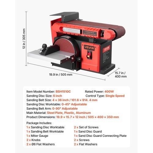 152.4mm Disc Sander & 101.6mm x 914.4mm Belt Sander, 400W Professional Belt Disc Sanders Combo with 0 - 45 Adjustable Worktable, Dust Collection Port for Woodworking & DIY Crafting