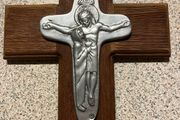 Vintage Crucifix Cross Handmade Antique - Jesus and Sorrowful Mother - Solid Metal on Solid Wood - Rare Find