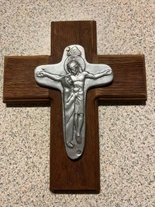 Vintage Crucifix Cross Handmade Antique - Jesus and Sorrowful Mother - Solid Metal on Solid Wood - Rare Find