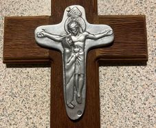 Vintage Crucifix Cross Handmade Antique - Jesus and Sorrowful Mother - Solid Metal on Solid Wood - Rare Find