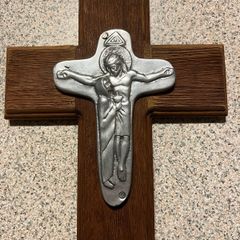 Vintage Crucifix Cross Handmade Antique - Jesus and Sorrowful Mother - Solid Metal on Solid Wood - Rare Find