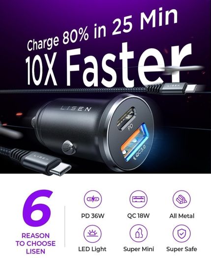 Car Charger Adapter USB C 54W 12V USB Socket [USBC 36W+USBA 18W] 60W USB C Cable PD3.0 Car Phone Charger Cigarette Lighter USB Charger for iPhone 16 Pro 16e Samsung S25 Ultra Car Accessories