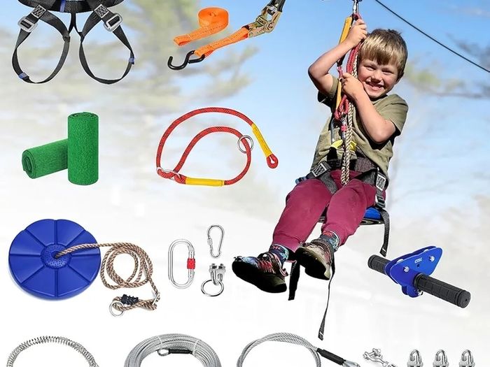 Zip Line Kits for Garden, 38m Zip Wire Kit For Kids and Adults, With Stainless Steel Spring Brake, Tensioning Kit, Safety Harness, Tree Protectors (38m blue)