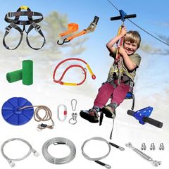 Zip Line Kits for Garden, 38m Zip Wire Kit For Kids and Adults, With Stainless Steel Spring Brake, Tensioning Kit, Safety Harness, Tree Protectors (38m blue)
