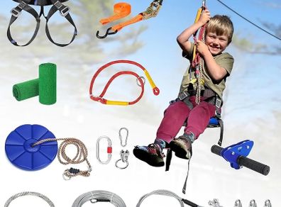 Zip Line Kits for Garden, 38m Zip Wire Kit For Kids and Adults, With Stainless Steel Spring Brake, Tensioning Kit, Safety Harness, Tree Protectors (38m blue)