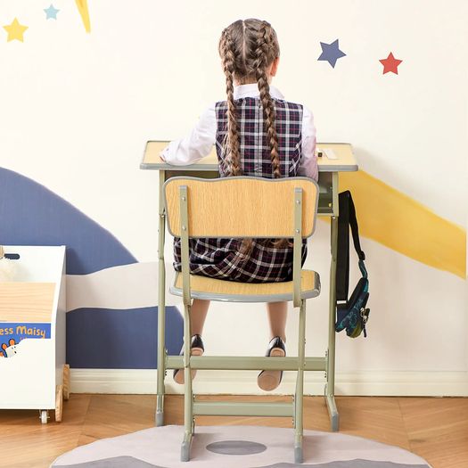 Vintage school-desk style children's desk & chair set - adjustable - storage compartment, bag bracket, pen holder - khaki steel, MDF light wood effect