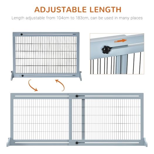 Freestanding Dog Gate, Foldable Pet Fence, Indoor Wood Barrier, Stair Gate with Support Feet, for Doorway, Hallway, Small and Medium Dogs, 69H x 104-183 cm, Blue-grey