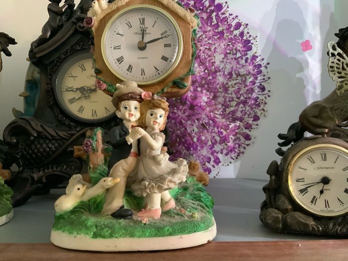 Clock, figures, Display Cabinet