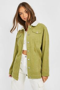 Teddy Detail Longline Cord Jacket in olive