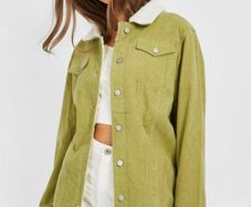 Teddy Detail Longline Cord Jacket in olive