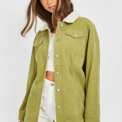 Teddy Detail Longline Cord Jacket in olive