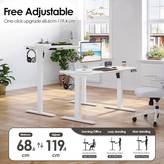 Electric Height Adjustable Standing Desk 120 X 60cm,Sit Stand Desk with Whole Board for Home Working,White