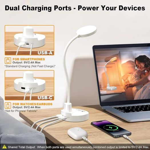 60 LED Desk Lamp with USB Charging Ports  Dimmable Table Lamp with 3 Color Temps, 5 Brightness, 4 Timers, 15W Flexible Gooseneck Light with Base, Eye-Caring Reading Light for Home Office, Bedroom