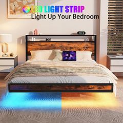 Floating Bed Frame Double Size with Charging Station and LED Lights