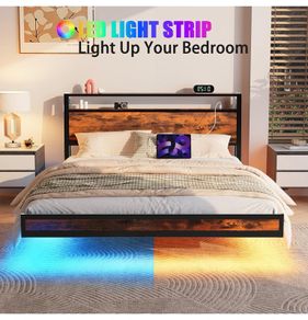 Floating Bed Frame Double Size with Charging Station and LED Lights