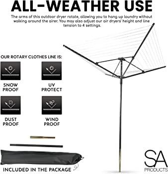 Rotary Washing Line | 45m Rotating Outdoor Washing Line | Heavy Duty Clothes Airer Outdoor | Garden Rotary Line | 4 Arm Rotary Washing Line | Washing Line Rotary with Ground Spike & Cover (FREE SHIPPING)