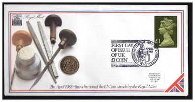 1983 England Royal Mint First Day of Issue of UK1 Coin with Uncirculated UK1 coin cancel tied UK1 definitive Stamp PNC (philatelic Numismatic Cover)