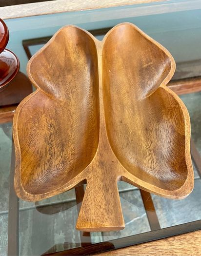 Vintage Teak Wood Serving Butterfly Leaf Shaped Bowl Two Section Tray