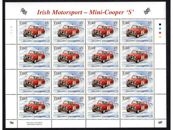 2001 Ireland Irish Motorsport 45p/57c Mini Cooper S Commemorative Stamp Sheetlet Plate 1A1A1A1A Mint Never Hinged (MNH)