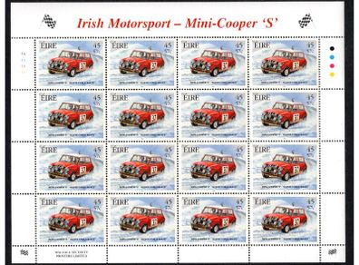 2001 Ireland Irish Motorsport 45p/57c Mini Cooper S Commemorative Stamp Sheetlet Plate 1A1A1A1A Mint Never Hinged (MNH)