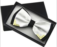Gold Tip Satin Bowtie - White