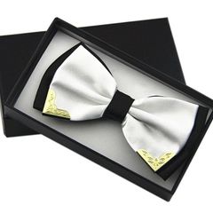Gold Tip Satin Bowtie - White