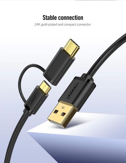 Ugreen 1M 2-in-1 (USB-C & Micro USB) QC 3.0 Fast Charger & Data Sync Gold Plated Cable (Brand New/Warranty)