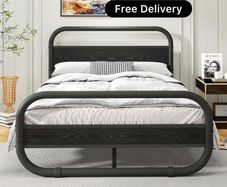 King Size Bed Frame with Headboard,150x200 Oval-Shaped Platform Bed Frame with Under-Bed Storage,Steel Slats Mattress Foundation Round Pipe Design,Black