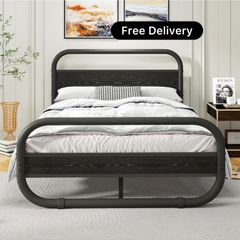 King Size Bed Frame with Headboard,150x200 Oval-Shaped Platform Bed Frame with Under-Bed Storage,Steel Slats Mattress Foundation Round Pipe Design,Black