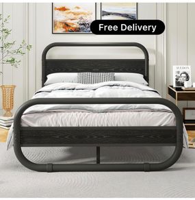 King Size Bed Frame with Headboard,150x200 Oval-Shaped Platform Bed Frame with Under-Bed Storage,Steel Slats Mattress Foundation Round Pipe Design,Black