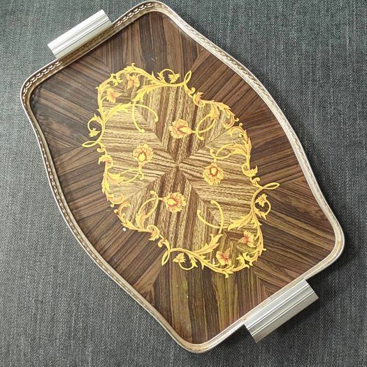 Vintage Woodmet England Mid Century Faux Wooden Brass Bar Serving Tray