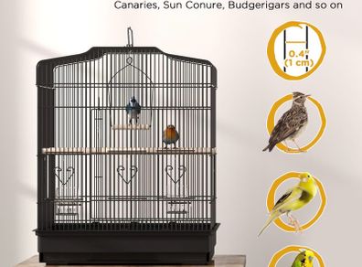 Large Metal Bird Cage with Perches, Food Bowls, Swing, for Budgies, Parakeets, Black
