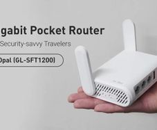 GL.iNet Opal (GL-SFT1200) compact dual-band WiFi travel router with built-in VPN support, Gigabit Ethernet and USB-C power.