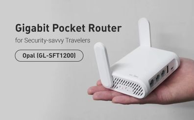 GL.iNet Opal (GL-SFT1200) compact dual-band WiFi travel router with built-in VPN support, Gigabit Ethernet and USB-C power.