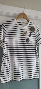 M&S Indigo Striped Tee with Embellished detail Sz 14UK (Rrp 39)