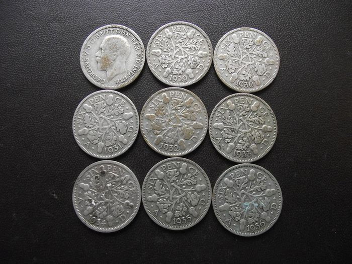 Great Britain. George V. 9 Silver@6 pence Run of the years (1928-1936)#2