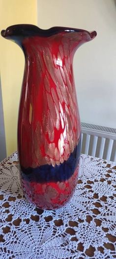 Large Murano Style Vase, Hand Blown Studio Art Glass, Iridescent Red & Gold & dark blue