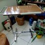 Vintage German side table with grey metal frame on wheels Image 8