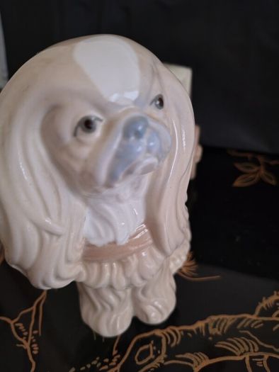Vintage Pekinkese Dog and Flower Cart Figurine by Porceval.