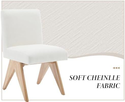 Set of 2 Modern Dining Chairs with V shaped Wooden Legs Chenille Beige Armless Kitchen Chairs with Soft Chenille Cover and Sturdy Wooden Leg