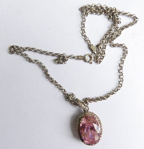 Vintage Sterling Silver 925 PINK OVAL CRYSTAL PENDANT NECKLACE Pea Chain traditional necklace length 20" - 14,8g