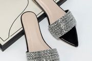 Flat Slippers Black Rhinestone, Elegant Party Sandals, Size UK 5 EU 38