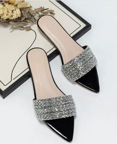 Flat Slippers Black Rhinestone, Elegant Party Sandals, Size UK 5 EU 38