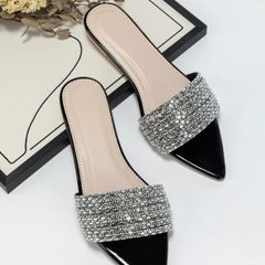 Flat Slippers Black Rhinestone, Elegant Party Sandals, Size UK 5 EU 38