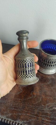Pewter Condiment Set, blue glass and pewter design. mustard and salt